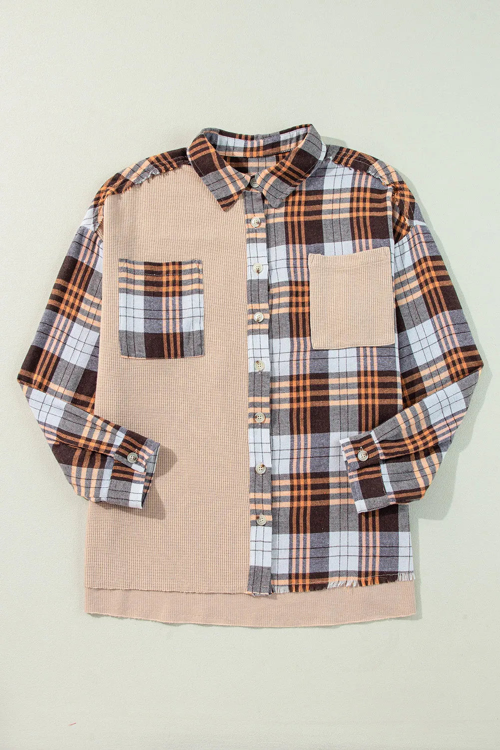 Outerwear/Plaid Shackets Khaki Thermal Knit Plaid Patchwork Shacket