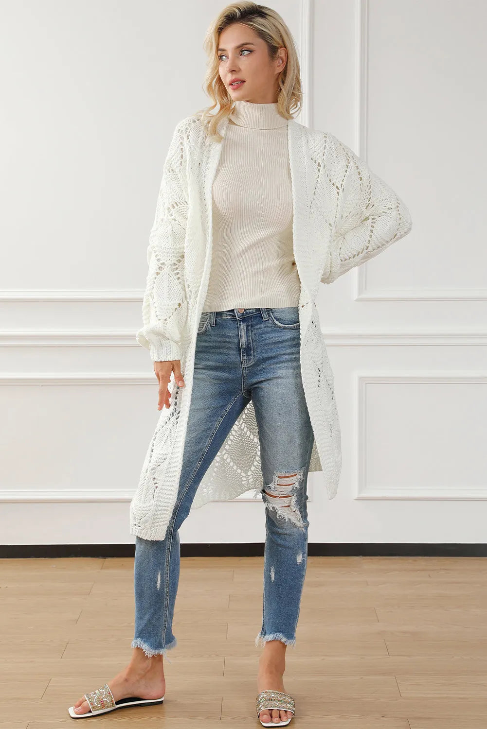 White Rhombus Hollowed Knit Open Front Cardigan - Chic Meadow Boutique 