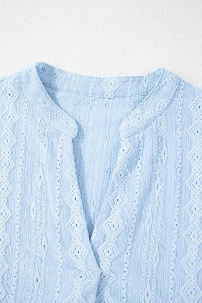 Beau Blue Jacquard Texture Flared Short Sleeve Notched Neck Mini Dress