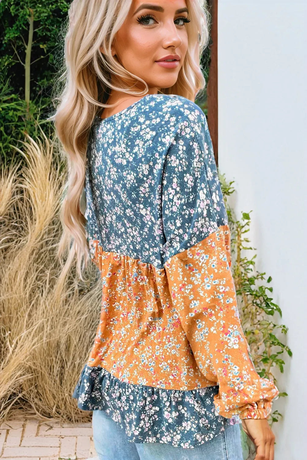 Orange Floral Color Block Ruffled Hem Round Neck Blouse - Chic Meadow Boutique 