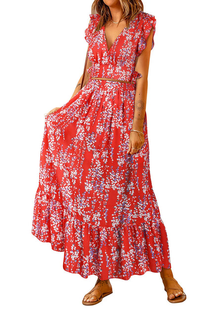 Fiery Red Multicolor Floral Ruffled Crop Top and Maxi Skirt Set - Chic Meadow Boutique 