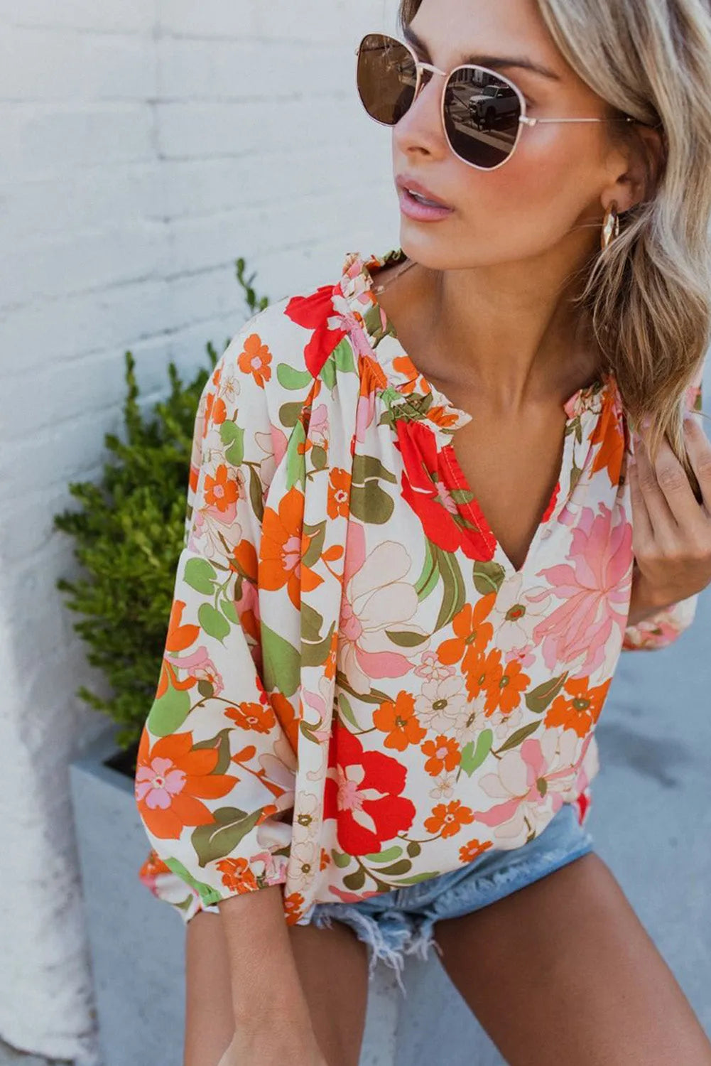 Orange Blooming Flowers Frill Trim Puff Sleeve Blouse - Chic Meadow Boutique 