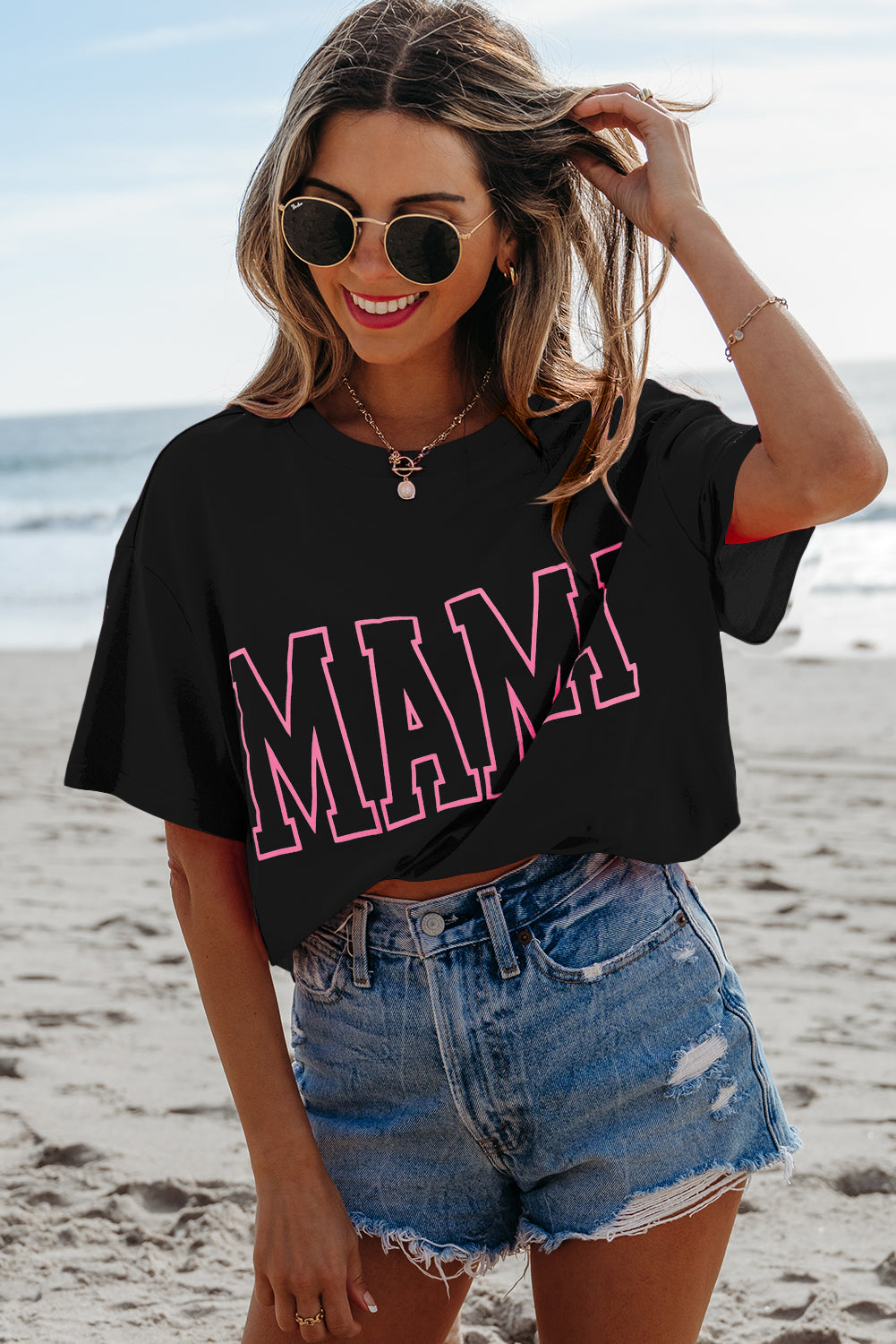 Black MAMA Letter Graphic Neon T Shirt