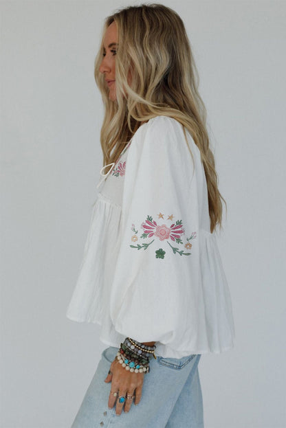 White Flower Lace-up V Neck Babydoll Blouse