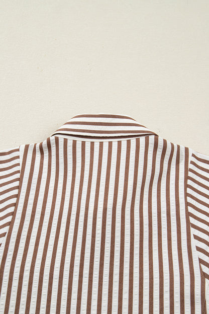 Brown Stripe Knot Waist Puff Sleeve Button Down Mini Shirt Dress