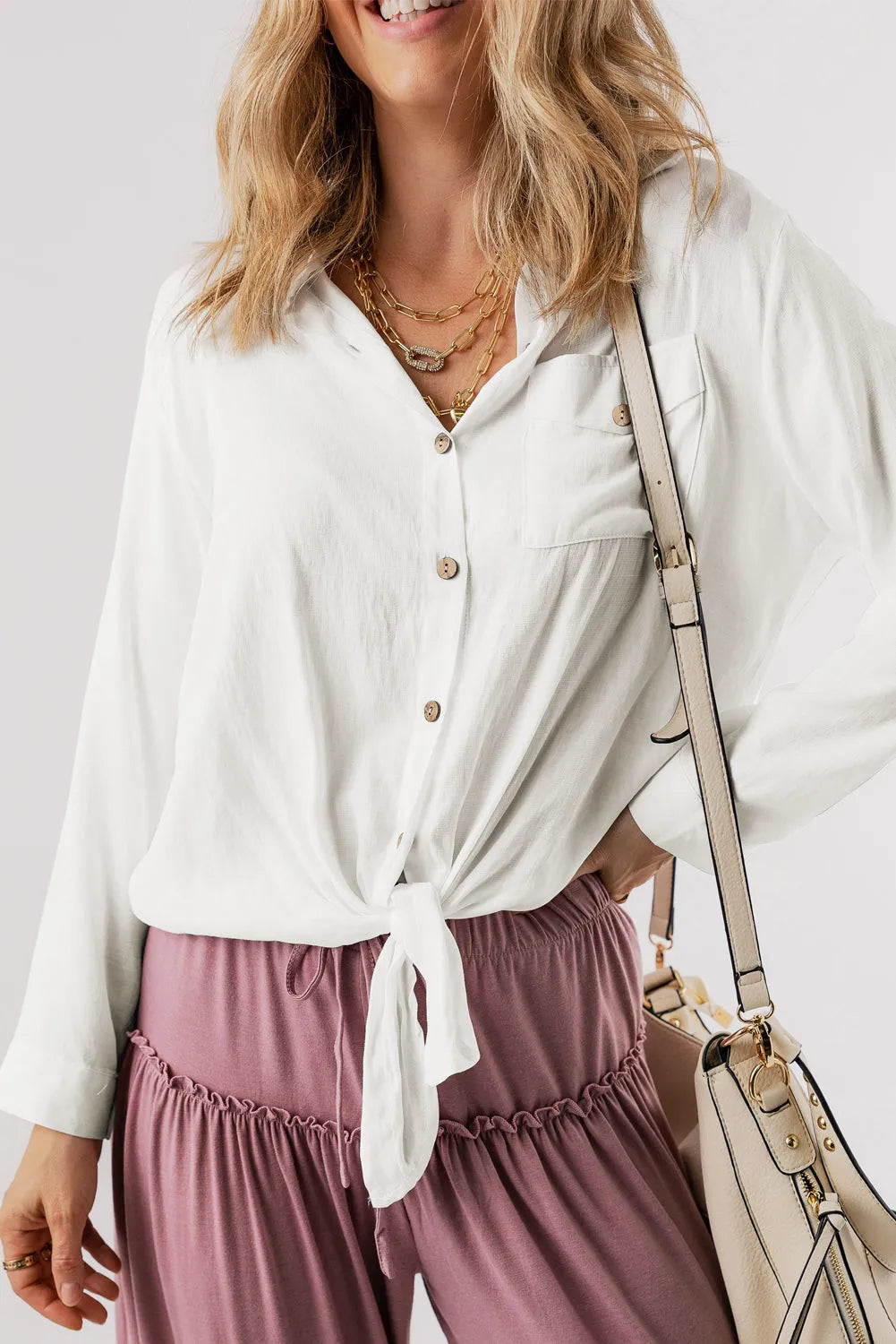 White Roll up Sleeve Knotted Casual Shirt - Chic Meadow Boutique 