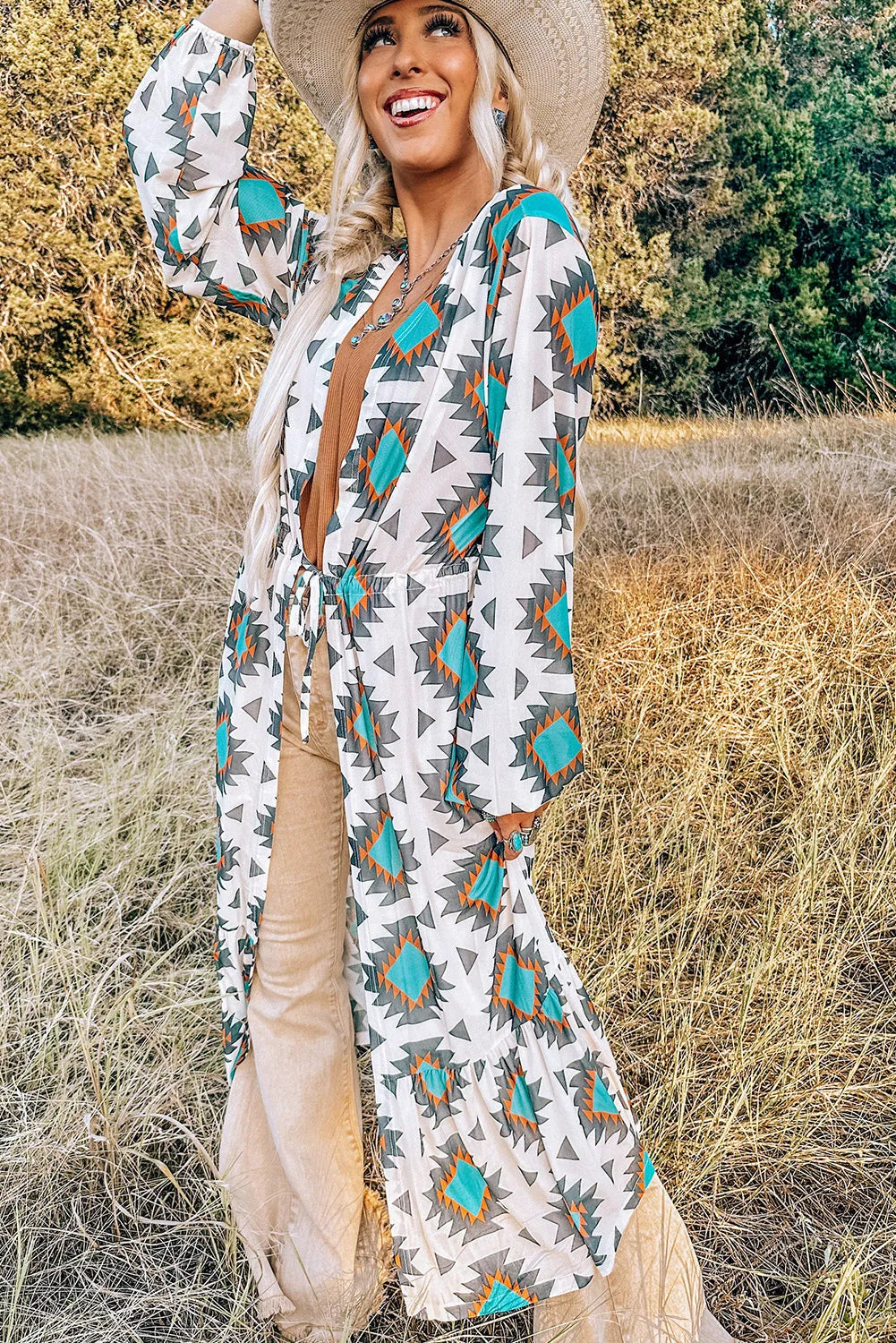 White Western Aztec Print Duster Open Front Top - Chic Meadow Boutique 