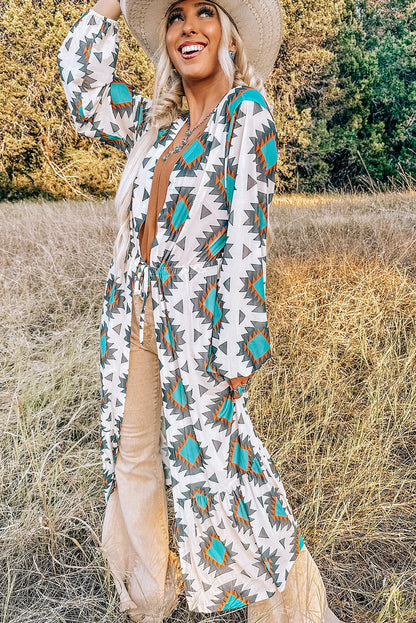 White Western Aztec Print Duster Open Front Top - Chic Meadow Boutique 