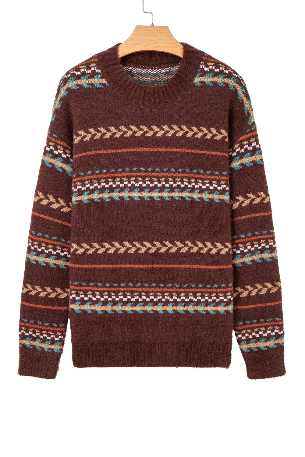 Brown Ethnic Pattern Mohair Knitted Drop Shoulder Sweater