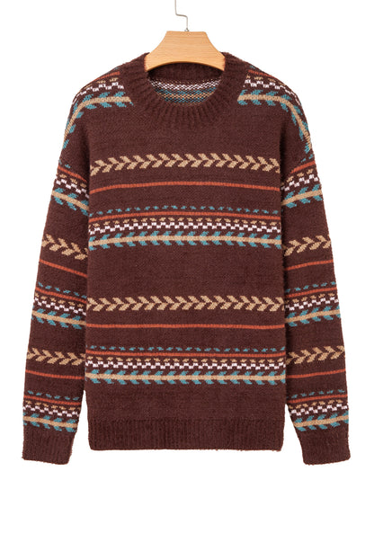 Brown Ethnic Pattern Mohair Knitted Drop Shoulder Sweater