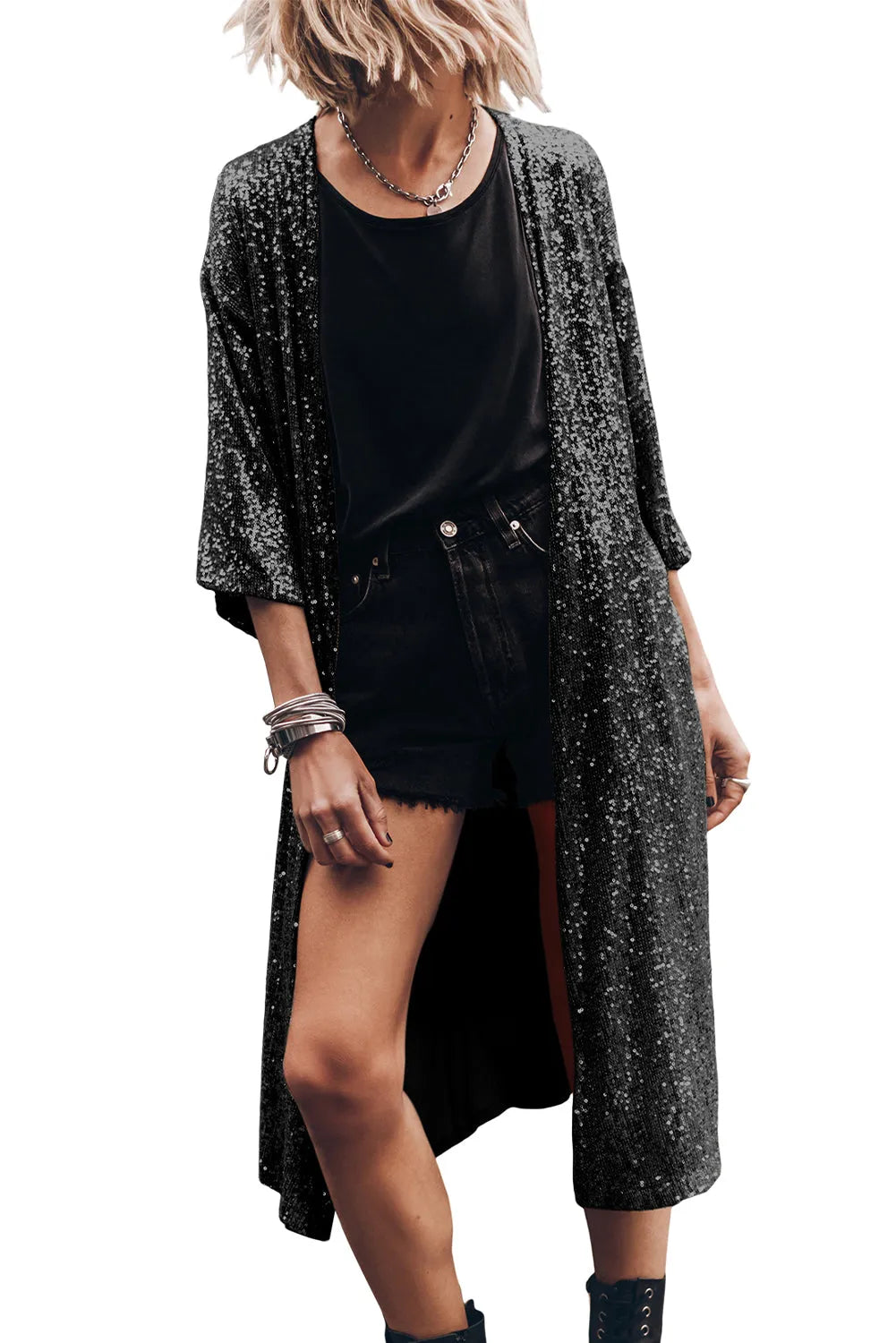 Black Sequin 3/4 Sleeve Open Front Duster Kimono - Chic Meadow Boutique 