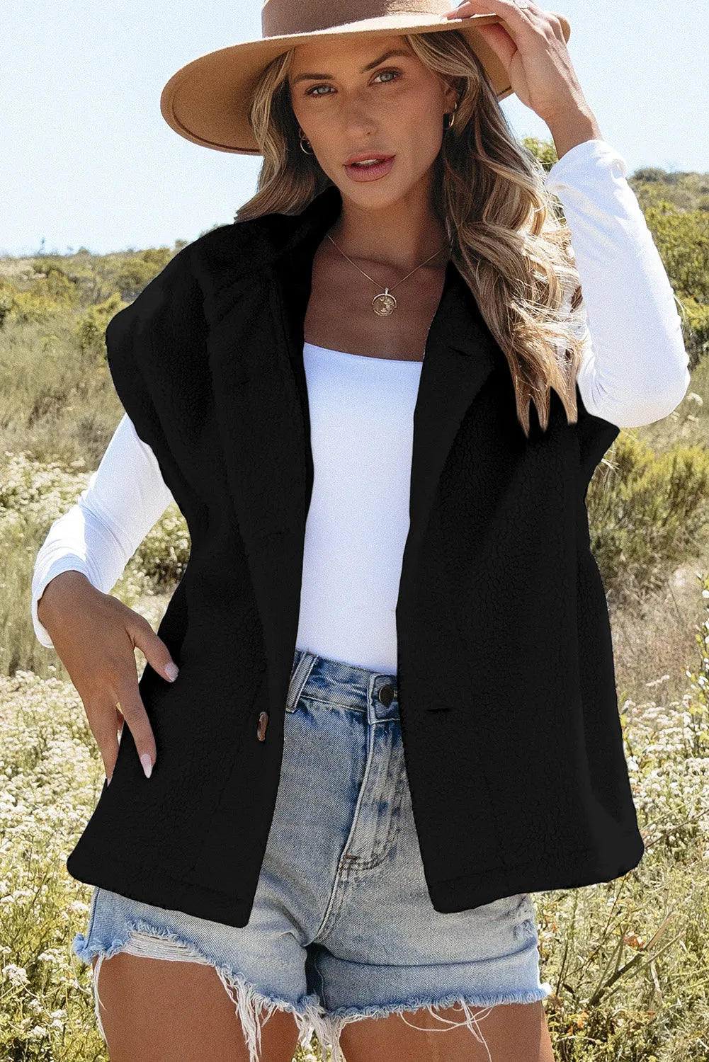 Black Sherpa Stand Collar Jacket Vest - Chic Meadow Boutique 