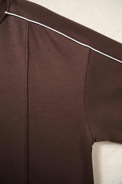 Coffee Sporty Piping Trim Mock Neck Pullover Relaxed 2pcs Pant Set