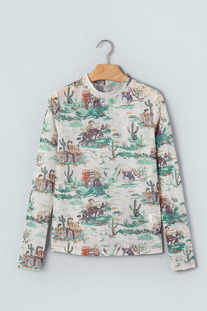Green Western Print Long Sleeve Round Neck Slim Top