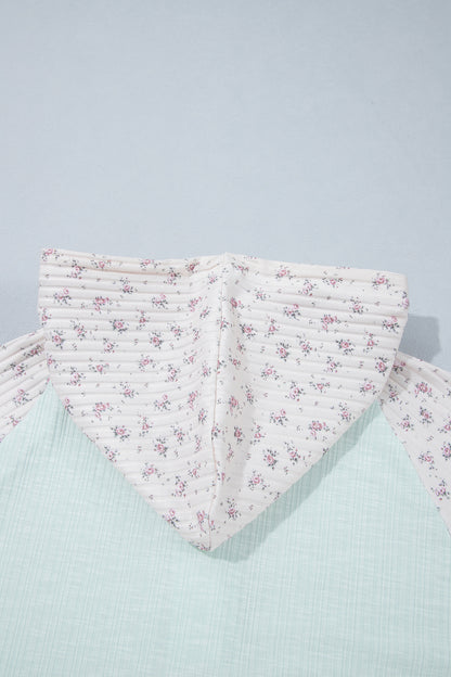 Clearly Aqua Textured Floral Patchwork Button Hooded Long Sleeve Top