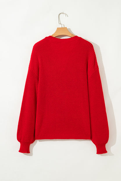 Racing Red Solid Textured Knit V Neck Drop Shoulder Sweater