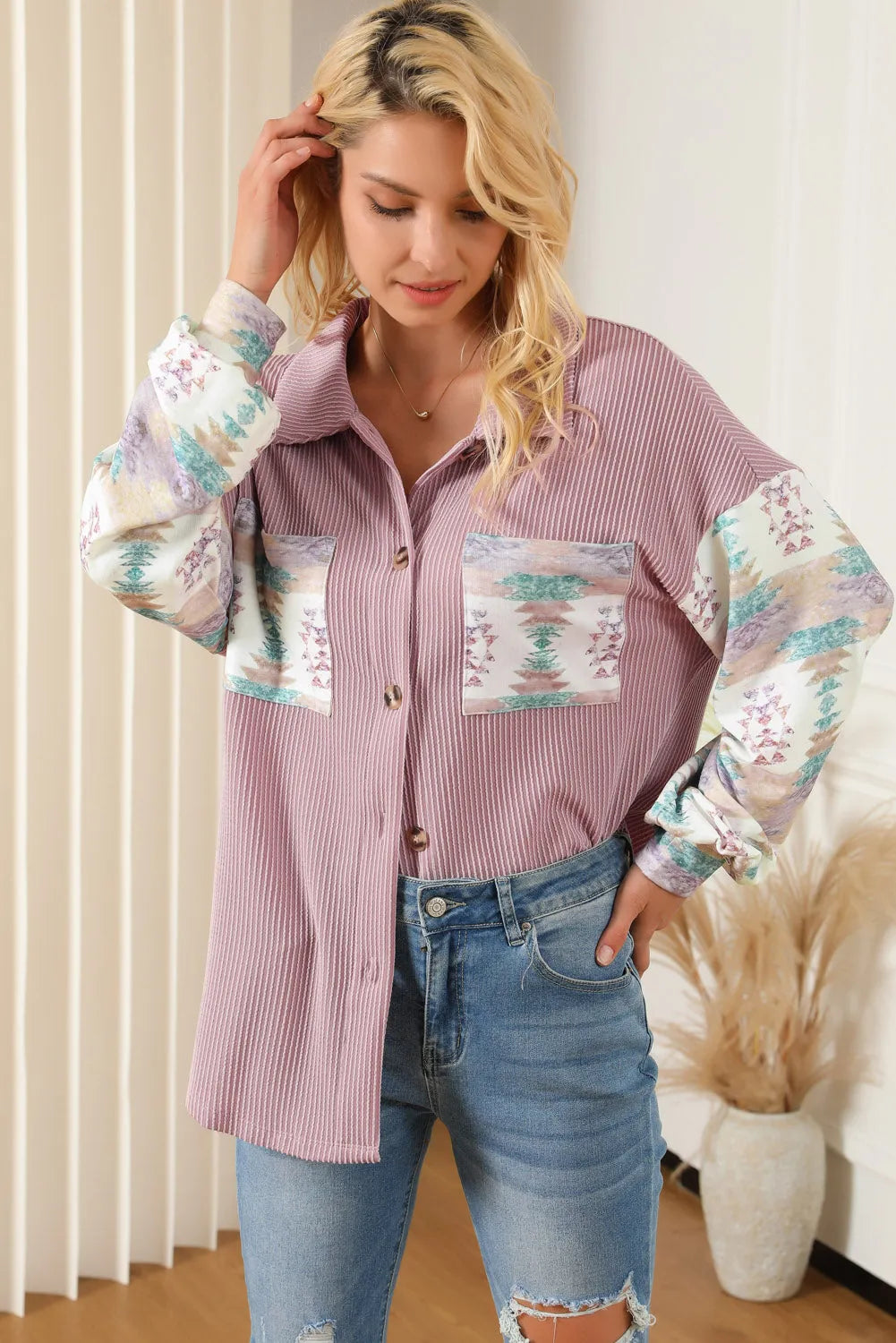 Pink Toltec Corduroy Contrast Shacket - Chic Meadow Boutique 