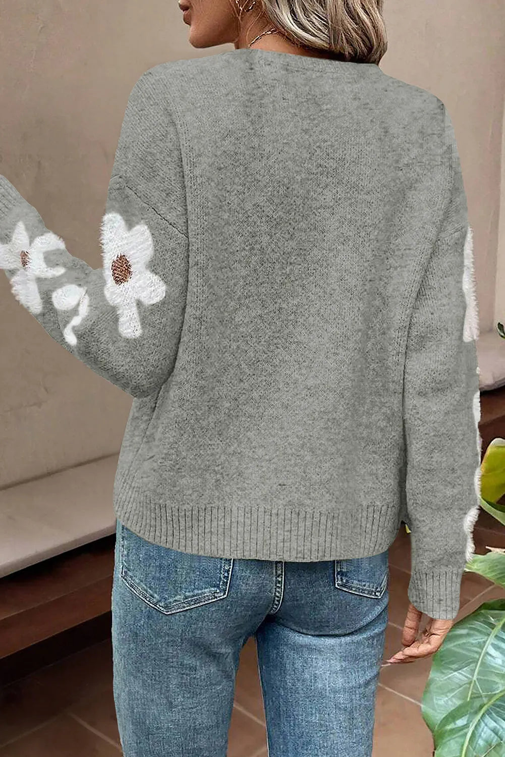 Light Grey Flower Sleeve Drop Shoulder Sweater - Chic Meadow Boutique 