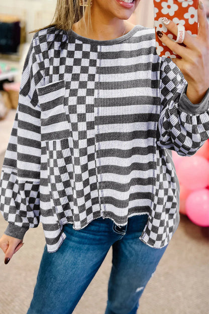 Dark Grey Checkerboard Striped Patchwork Lantern Sleeve Pocketed Blouse - Chic Meadow Boutique 