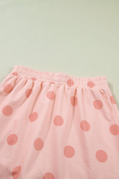 Pink Ribbed Trim Polka Dot Print Tank Split Mini Skort 2pcs Set