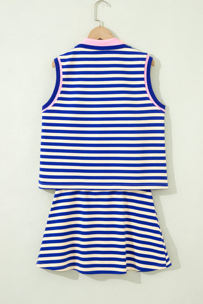 Dark Blue Textured Stripe Print Contrast Trim Zip Collar Sleeveless 2pcs Skort Set