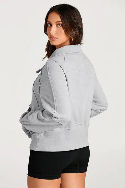 Light Grey Quarter Zip Stand Neck Kangaroo Pocket Sweatshirt - Chic Meadow Boutique 