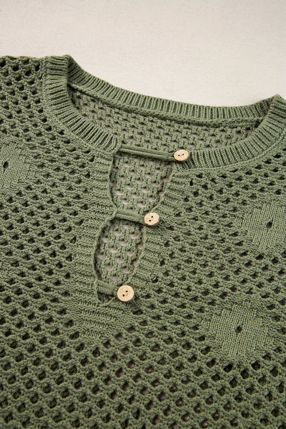 Vineyard Green Open Knit Buttoned Neck Split Sleeve Sweater - Chic Meadow Boutique 