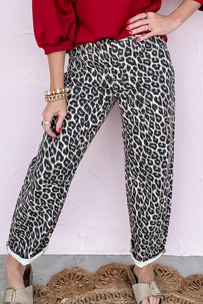Black Leopard Print Barrel Jeans