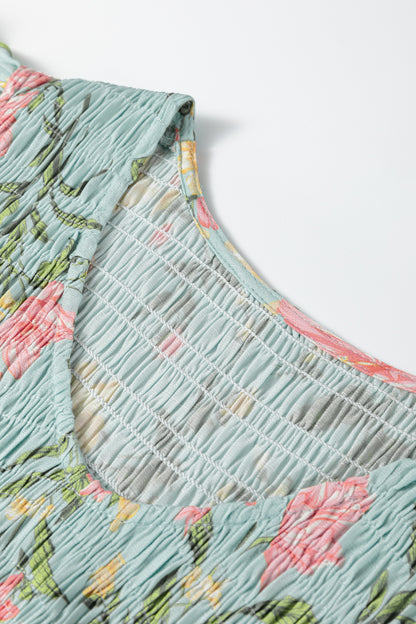 Yellow Smocked Bodice Ruffled Sleeveless Tiered Floral Maxi Dress