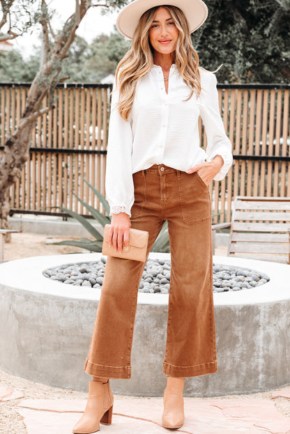 White Lace Patchwork Buttoned Stand Neck Loose Shirt