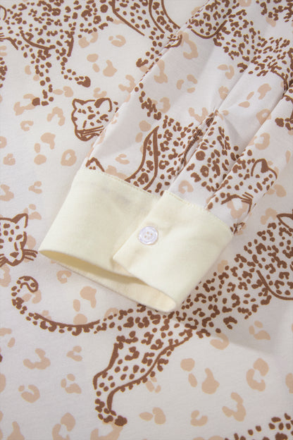 Yellow Leopard Print Colorblock Pocket Placket Long Sleeve Lounge Set