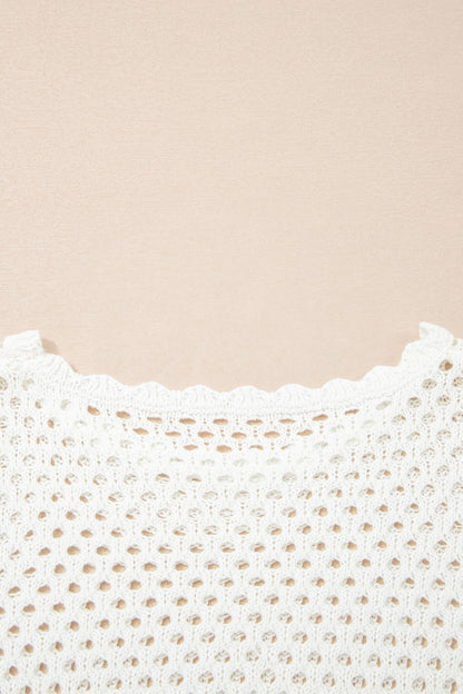 White Scalloped Trim Hollow Out Knit Long Sleeve Top