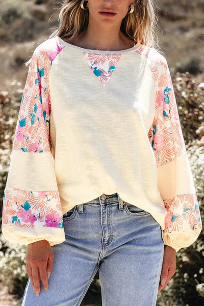 Tops/Blouses & Shirts Apricot Textured Floral Patchwork Balloon Sleeve Blouse