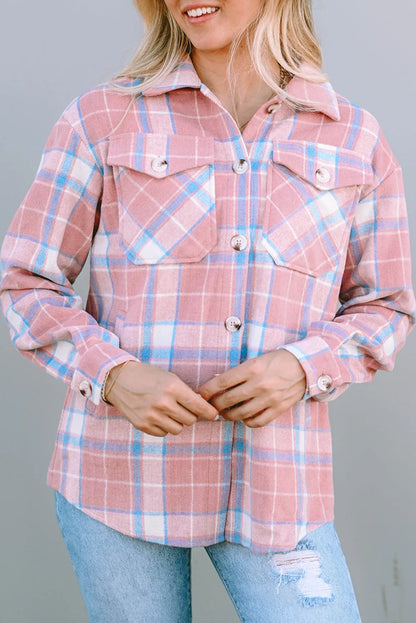 Pink Plaid Flap Pocket Flannel Shacket - Chic Meadow Boutique 