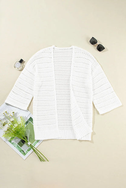 White Pointelle Knit Bracelet Sleeve Open Cardigan - Chic Meadow Boutique 