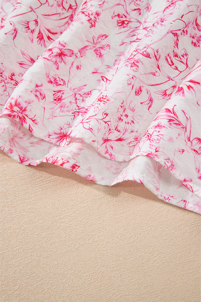 Pink Floral Ruffled Short Sleeve Bow Back Square Neck Blouse