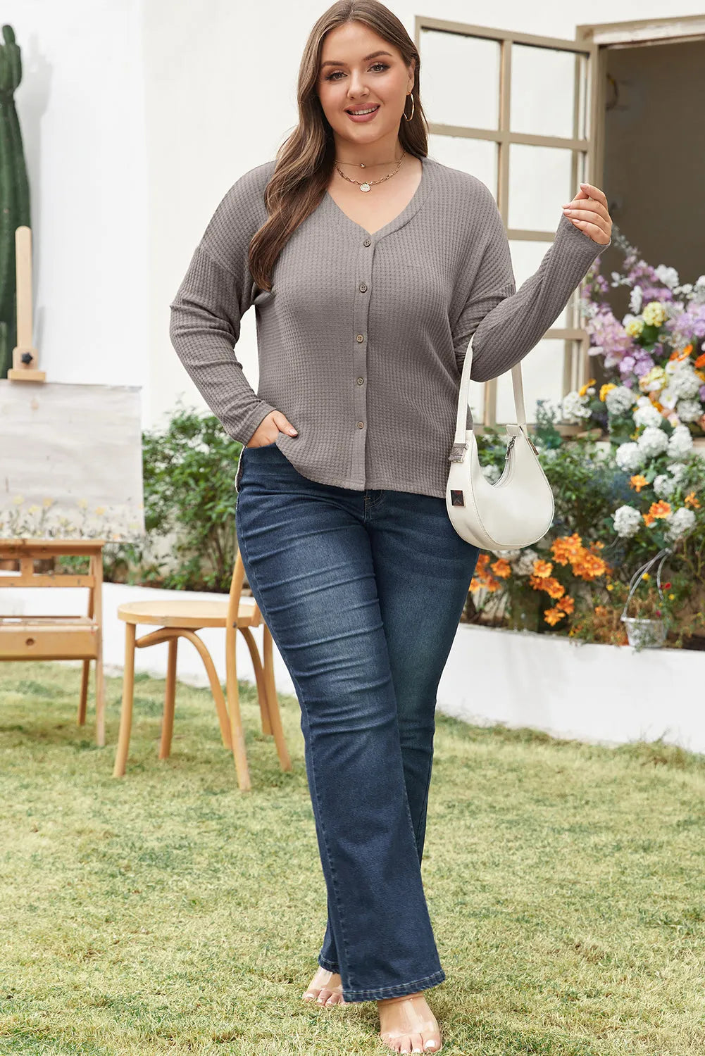 Simply Taupe Waffle Knit Drop Shoulder Button V Neck Plus Size Top - Chic Meadow Boutique 