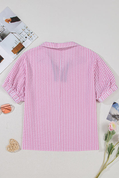 Sachet Pink Striped Print Contrast Split Neck Dolman Sleeve Blouse
