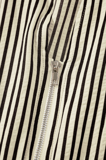 Black Stripe V Neck Zip Front Cinched High Waist Midi Dress