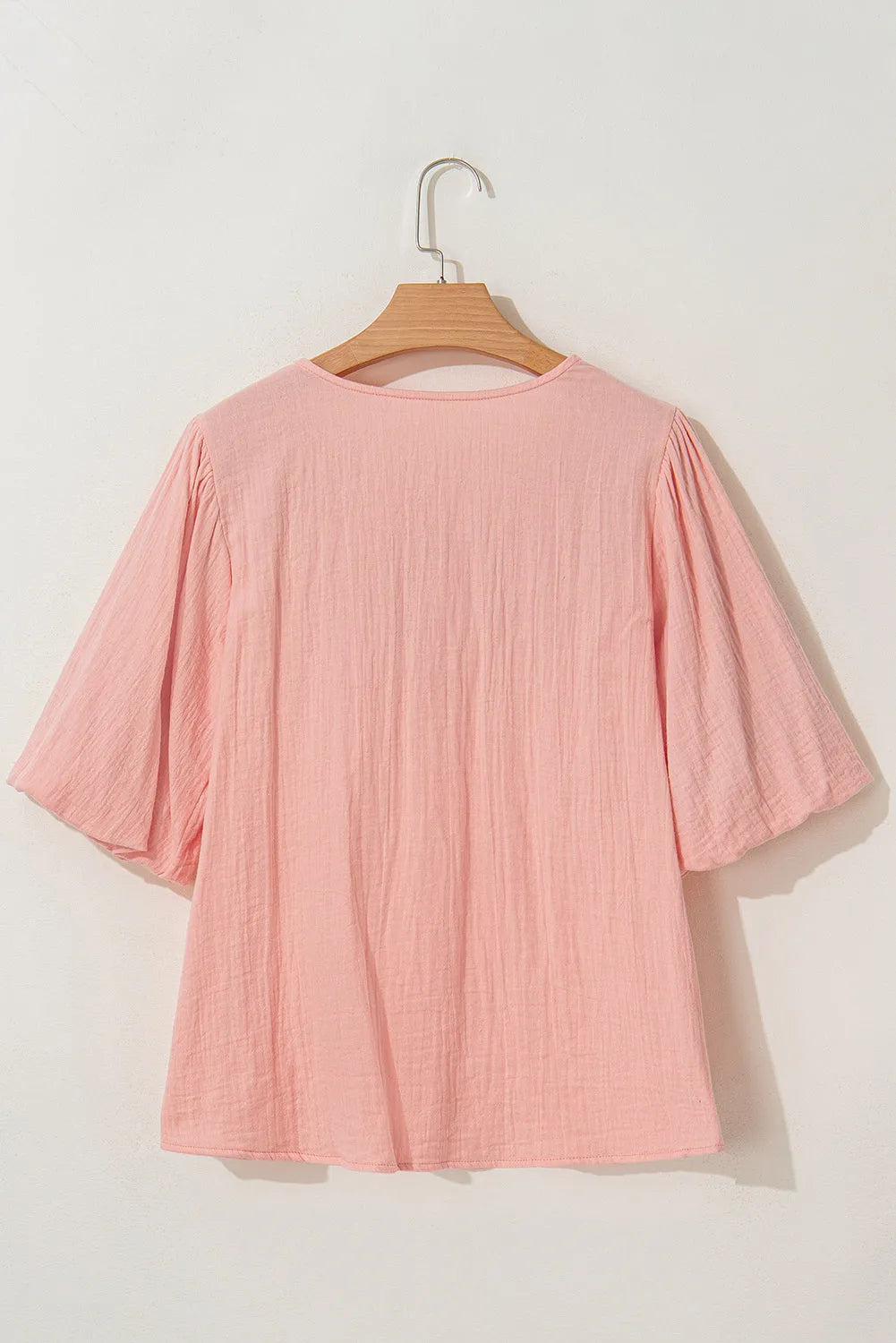 Apricot Pink Geometric Embroidered V Neck Puff Sleeve Blouse - Chic Meadow Boutique 