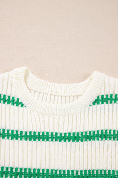 Bright Green Striped Round Neck Casual Sweater Vest