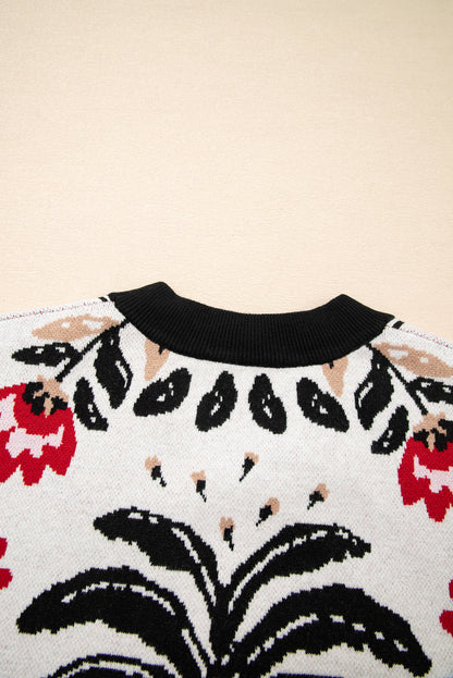 Beige Floral Print Buttoned Front V Neck Knit Cardigan