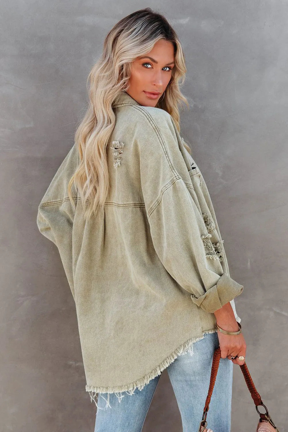 Green Distressed Fringe Trim Denim Jacket - Chic Meadow Boutique 