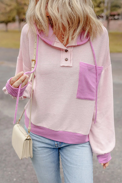 Light Pink Corded Colorblock Patch Pocket Drawstring Hoodie - Chic Meadow Boutique 