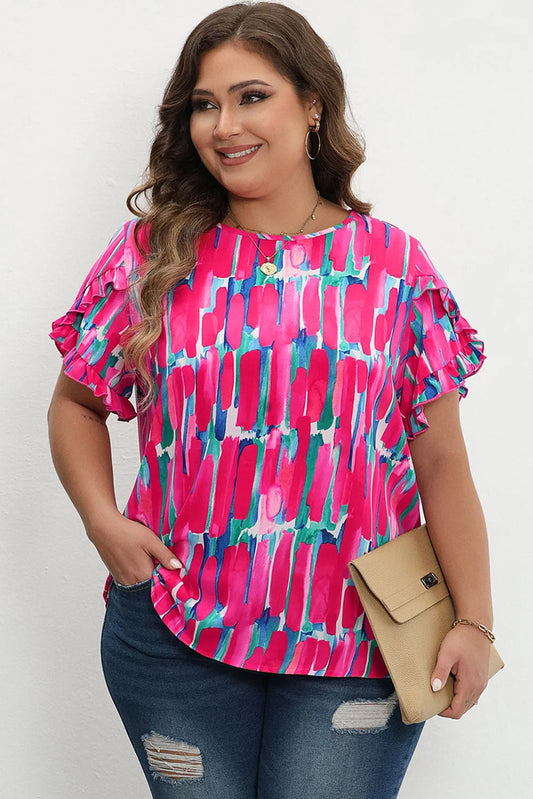 Rose Plus Size Abstract Print Ruffled Petal Sleeve Blouse - Chic Meadow Boutique 