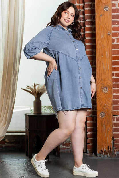 Plus Size/Plus Size Dresses/Plus Size Mini Dresses Light Blue Ruffled 3/4 Sleeve Buttoned Front Plus Size Denim Dress