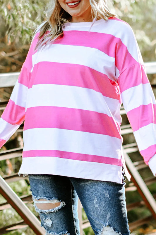 Pink Striped Side Slit Plus Size Sweatshirt - Chic Meadow Boutique 