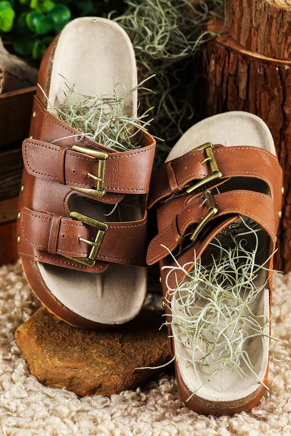 Chestnut Dual Buckle Studded Platform Sandal Slippers - Chic Meadow Boutique 