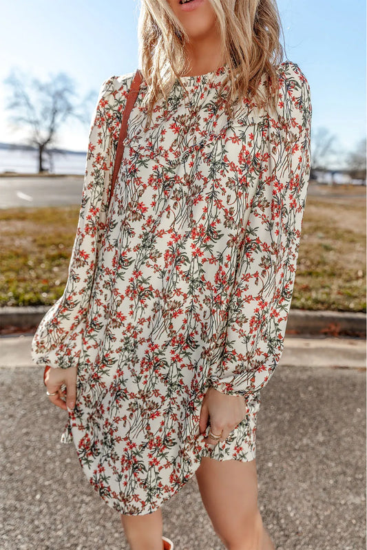 White Floral Printed Long Sleeve Mini Dress - Chic Meadow Boutique 