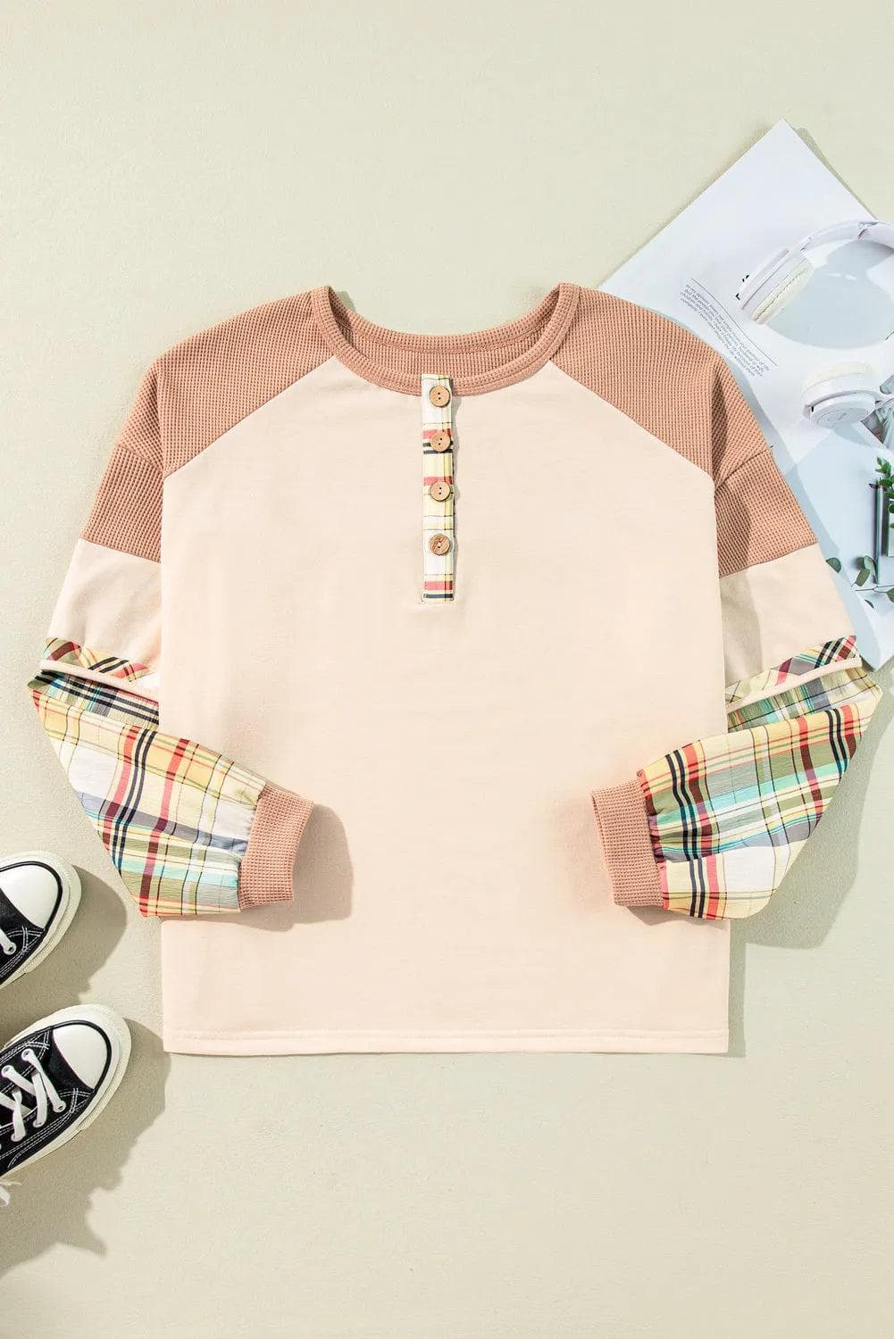 Plus Size/Plus Size Tops/Plus Size Long Sleeve Tops Parchment / 1X / 85%Polyester+10%Cotton+5%Elastane Parchment Plus Size Plaid Patchwork Layered Henley Top